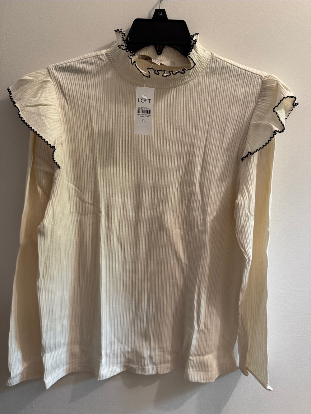 LOFT Cream Long Sleeve Mock Neck Top with Black Ruffle Trim
